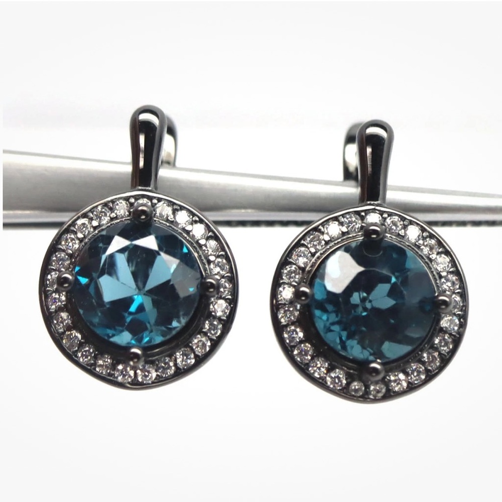 Genuine London blue topaz and zircon halo Earrings black gold over 925 silver